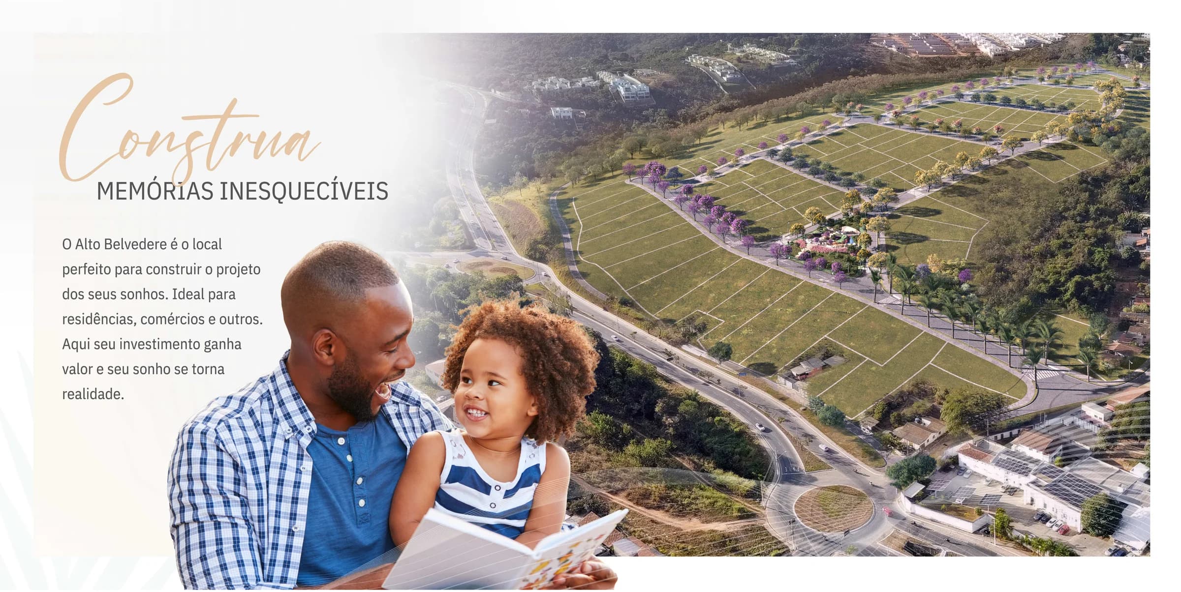 Vista aérea real com sobreposição ilustrativa da implantação do Alto Belvedere