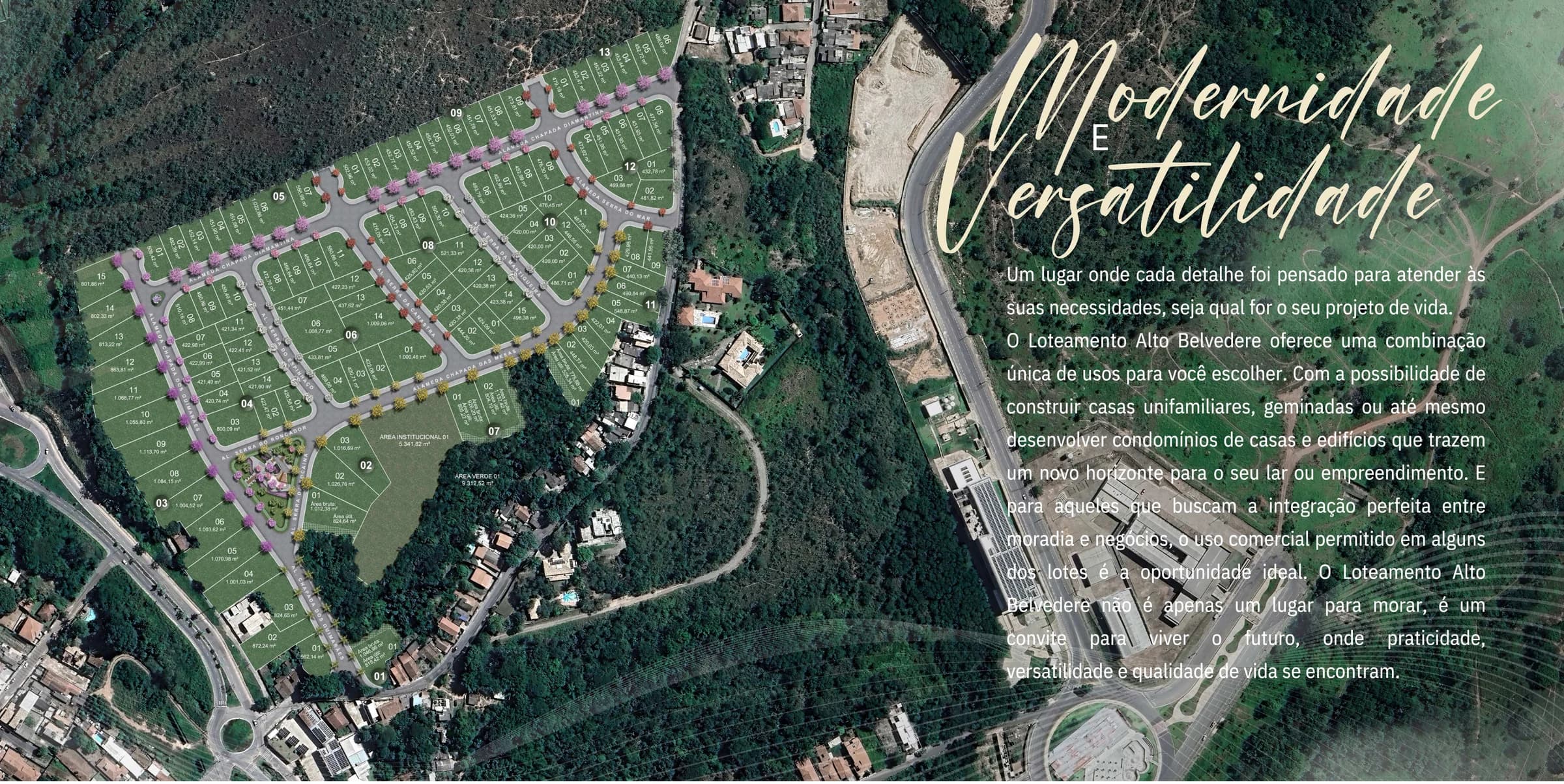 Planta técnica do Alto Belvedere com quadras, lotes e áreas em m²