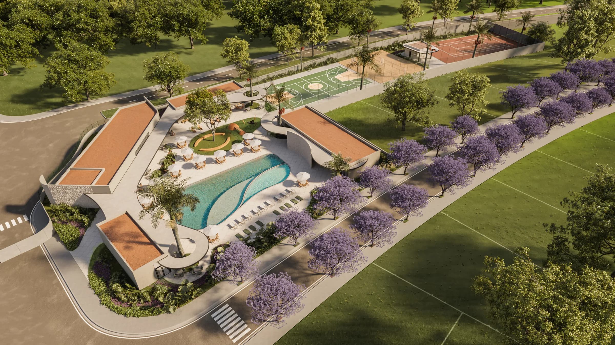 Render ilustrativo do clube e piscina do Quatro Estações