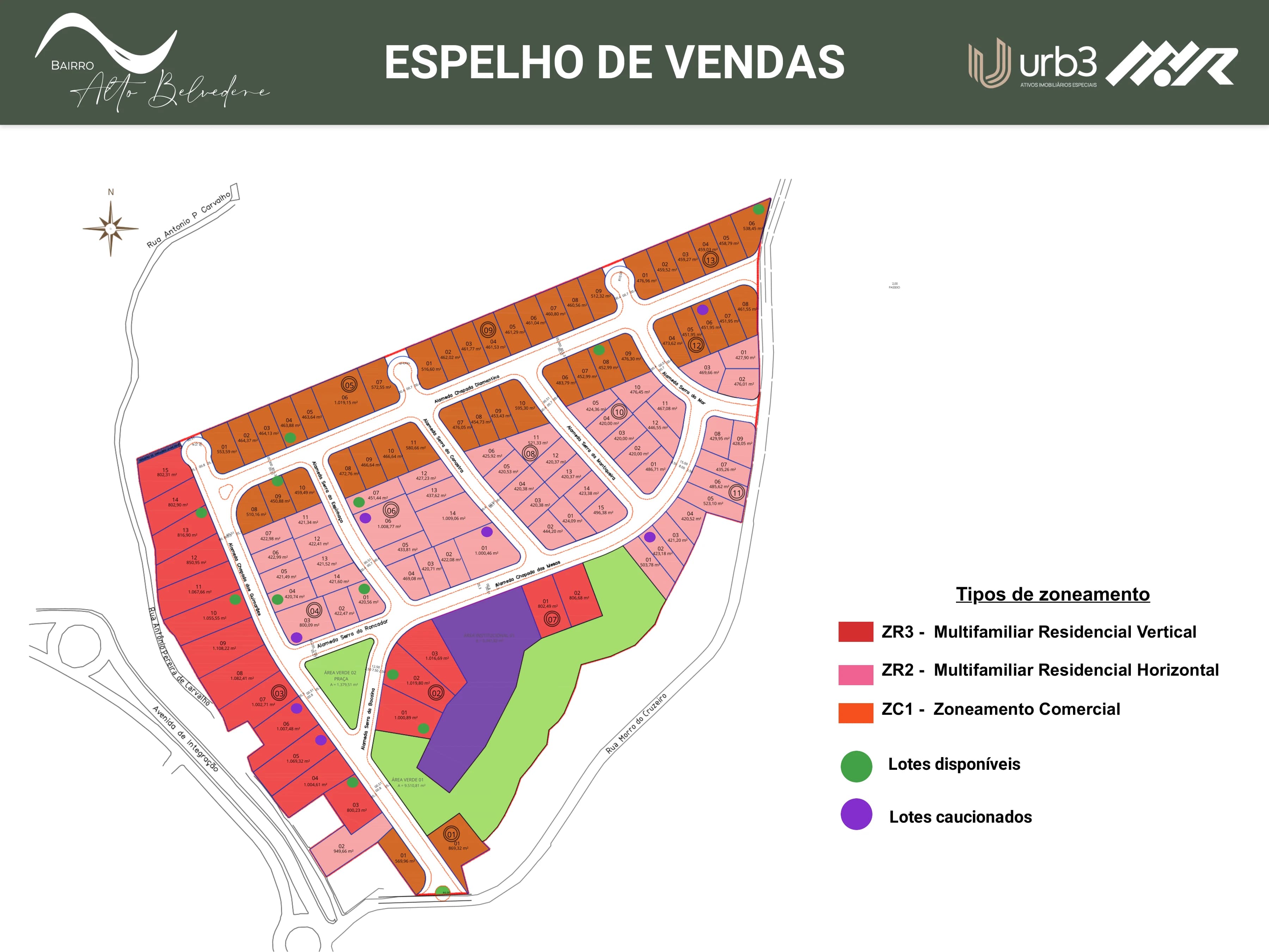 Espelho de vendas do Alto Belvedere com zoneamento comercial (ZC1) e disponibilidade