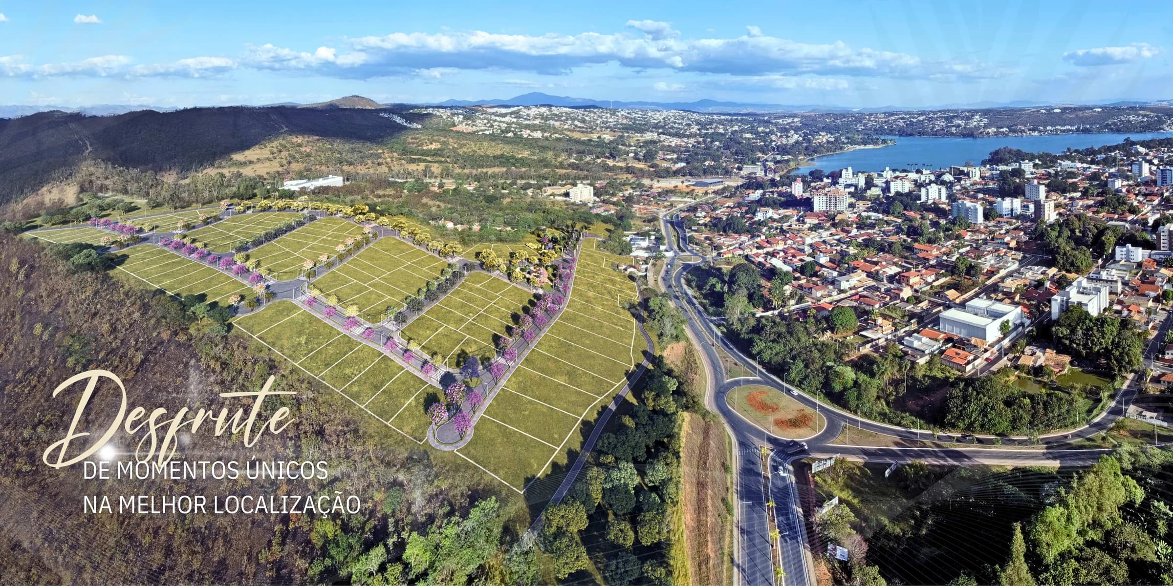 Vista aérea real do terreno do Alto Belvedere com sobreposição ilustrativa do projeto planejado